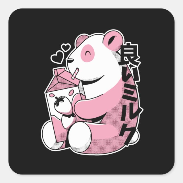 Cute Strawberry Milkshake Kawaii Panda Square Sticker (Front)