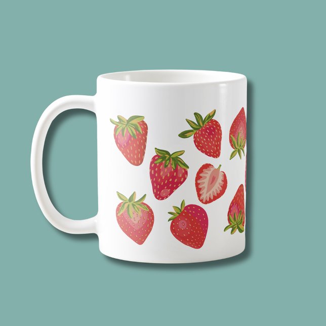 Cute Strawberry Pattern – Fun Fruit Design Coffee Mug (Strawberry illustrated coffee mug)