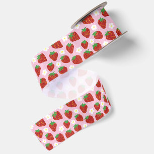 Cute Strawberry Pattern on Pink Background Satin Ribbon