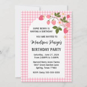 Cute Strawberry Pink Gingham Girls Birthday  Invitation
