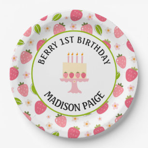 Cute Strawberry Pink Girls 1st Birthday Paper Plate