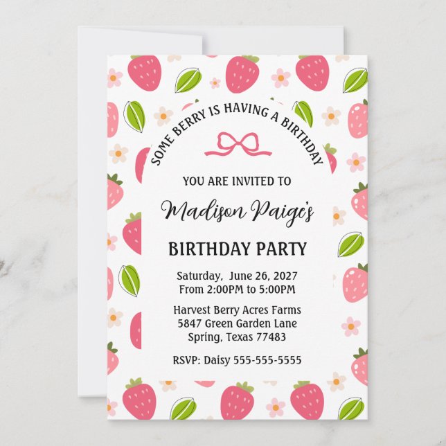 Cute Strawberry Pink Girls Birthday Invitation (Front)