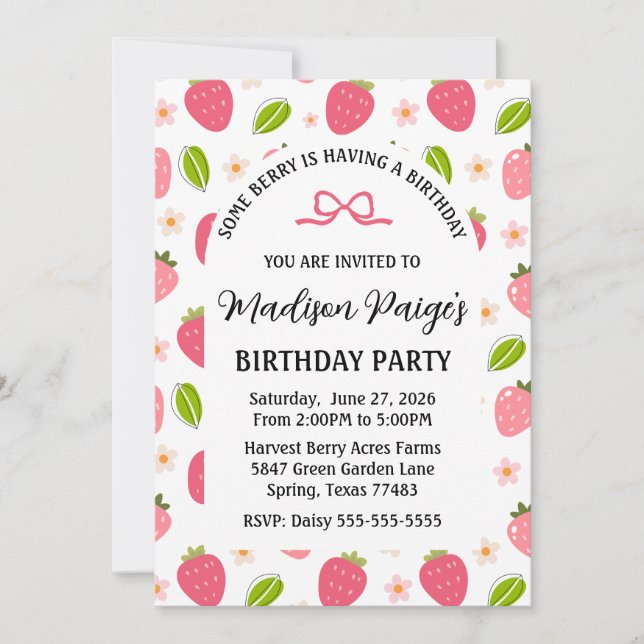 Cute Strawberry Pink Girls Birthday Invitation (Front)