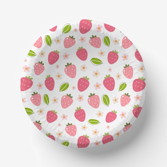 Cute Strawberry Pink Girls Birthday Paper Bowl Paper Plate (Front)