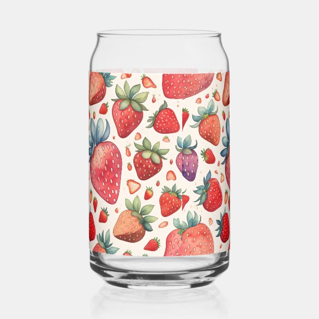 Cute Strawberry Pink Pattern Can Glass (Front)