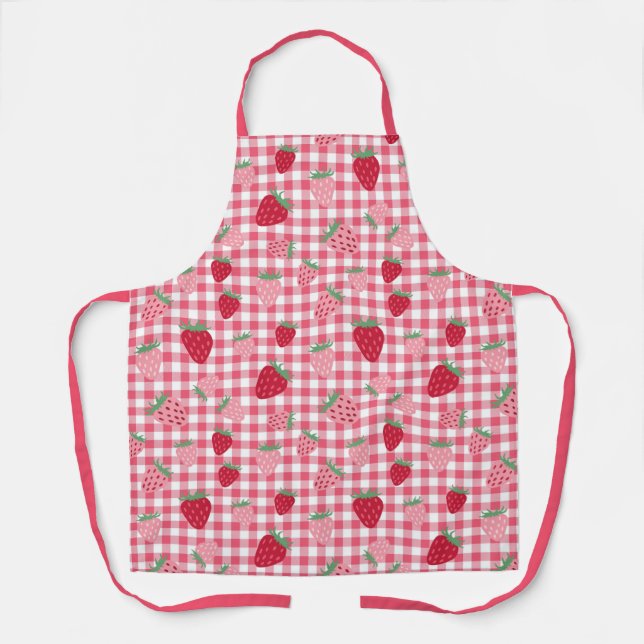 Cute Strawberry Plaid Gingham Patterned Apron (Front)