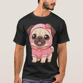 Cute Strawberry Pug in Pink Hoodie - Kawaii Dog Ar T-Shirt