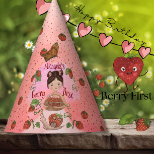 Cute Strawberry Snail & Girl First Birthday Party Party Hat