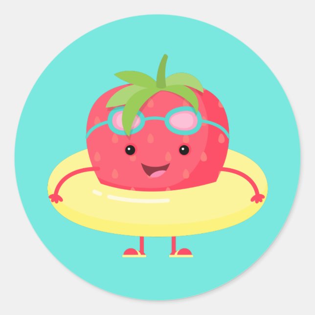 Cute Strawberry Swimmer Classic Round Sticker (Front)