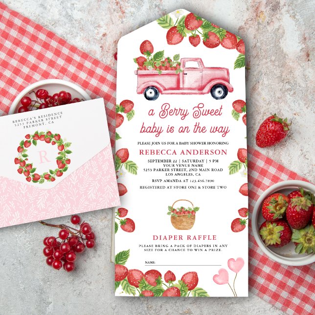 Cute Strawberry Truck Berry Sweet Baby Shower All In One Invitation (Creator Uploaded)