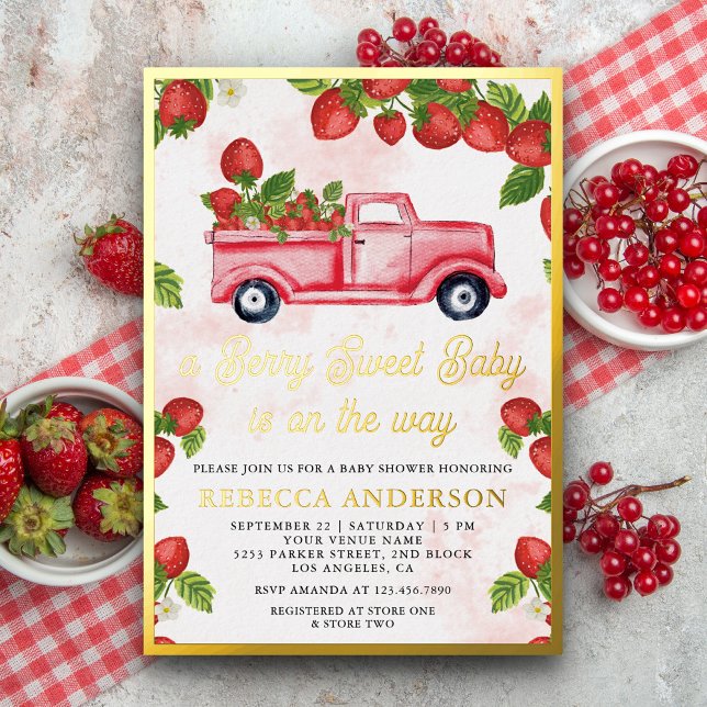 Cute Strawberry Truck Berry Sweet Baby Shower Gold (Creator Uploaded)