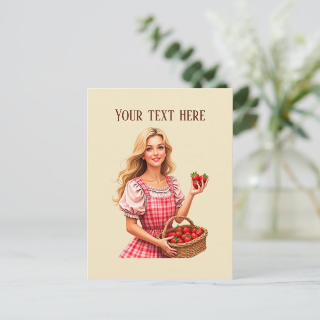 Cute strawberry vendors customisable postcard (Standing Front)