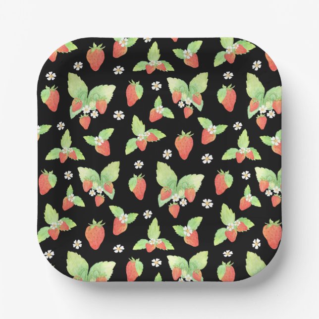 Cute Strawberry Watercolor Botanical Pattern Paper Plate (Front)