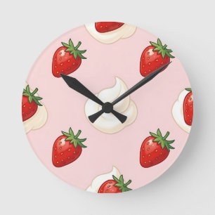 Cute Strawberry Whipped Cream Pattern Round Clock