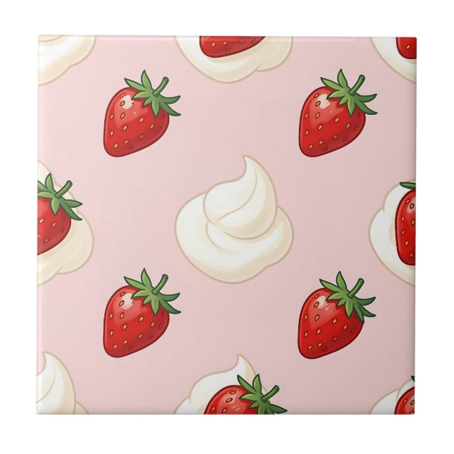 Cute Strawberry Whipped Cream Pattern Tile (Front)