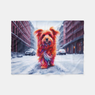 Cute stray dog lost in snowy white city road fleece blanket