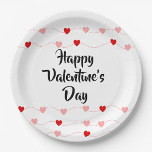 Cute String Hearts Happy Valentine's Day Red Pink Paper Plate