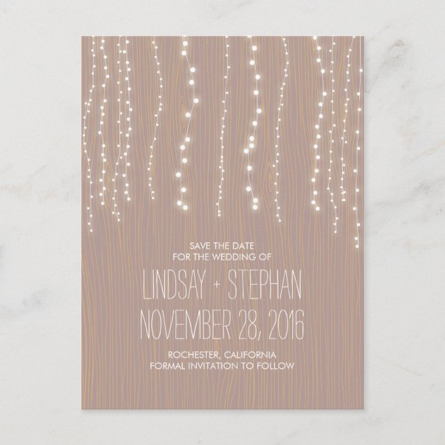 cute string lights rustic save the date postcards (Front)