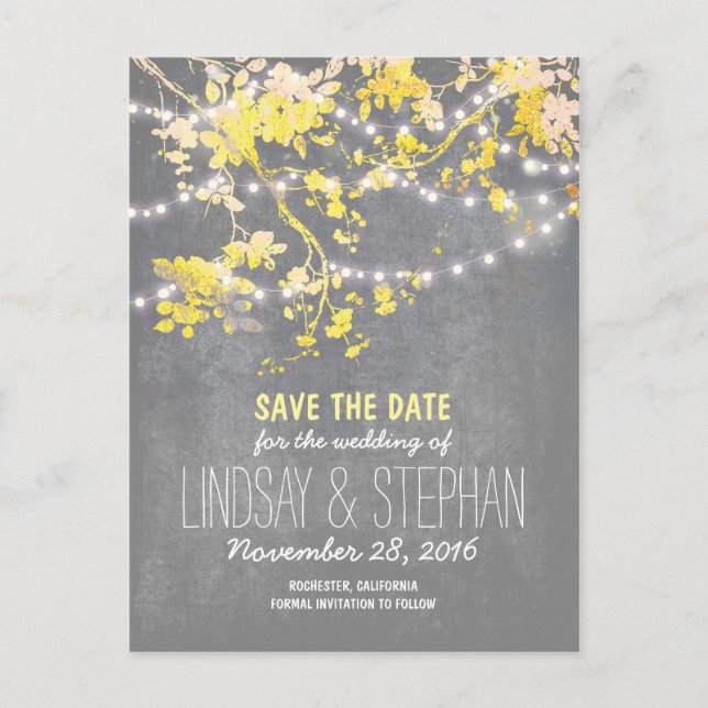 cute string lights rustic save the date postcards (Front)