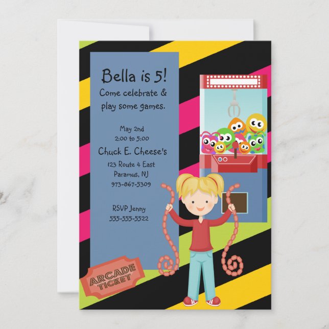 Cute, Striped, Arcade Birthday Girl Invitation (Front)