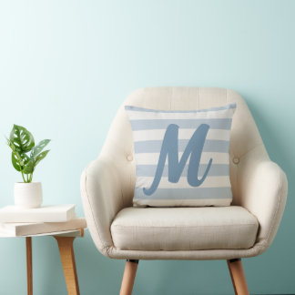 Cute Striped Blue Mist & Off White Monogram Pillow
