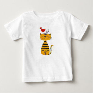 Cute Striped Cat and Red Bird Art Baby T-Shirt