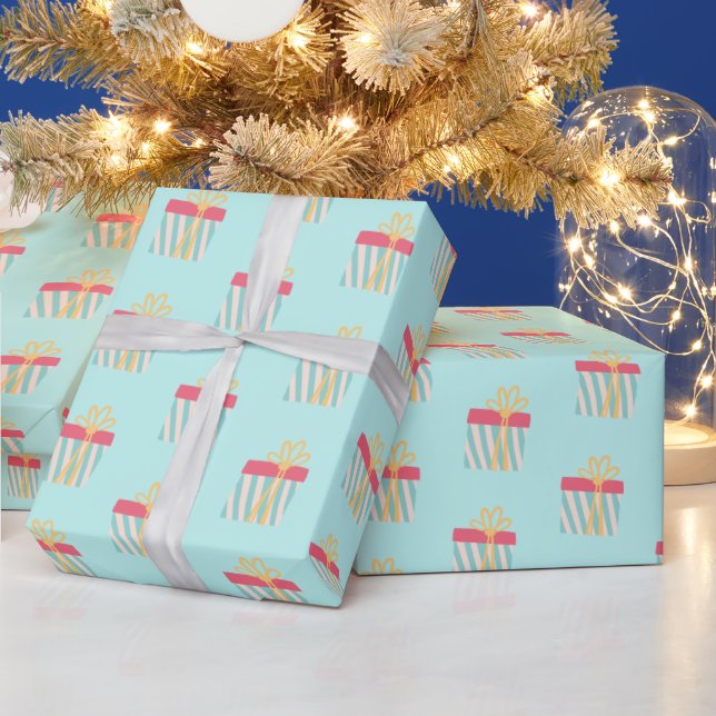 Cute Striped Christmas Presents Pattern - Aqua Wrapping Paper (Holidays)
