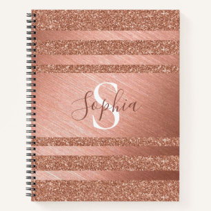 Cute Striped Rose Gold Glitter Metal Monogrammed Notebook