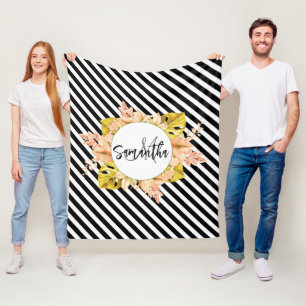 Cute Stripes and Floral Monogram Fleece Blanket