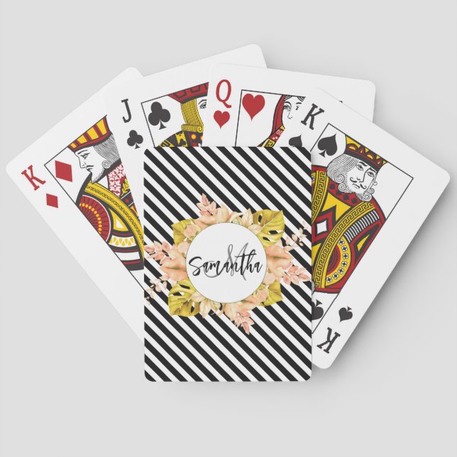 Cute Stripes and Floral Monogram Playing Cards (Back)