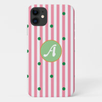 Cute stripes pattern monogrammed pink green dots  