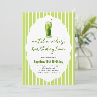 Cute Stripes Wavy Matcha 19th Birthday Party Invitation