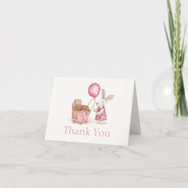 Cute Stroller Bunny Balloon Girl Baby Shower  Thank You Card (Front)