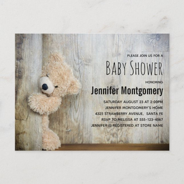 Cute Stuffed Bear Rustic Wood Backdrop Baby Shower Invitation Postcard (Front)