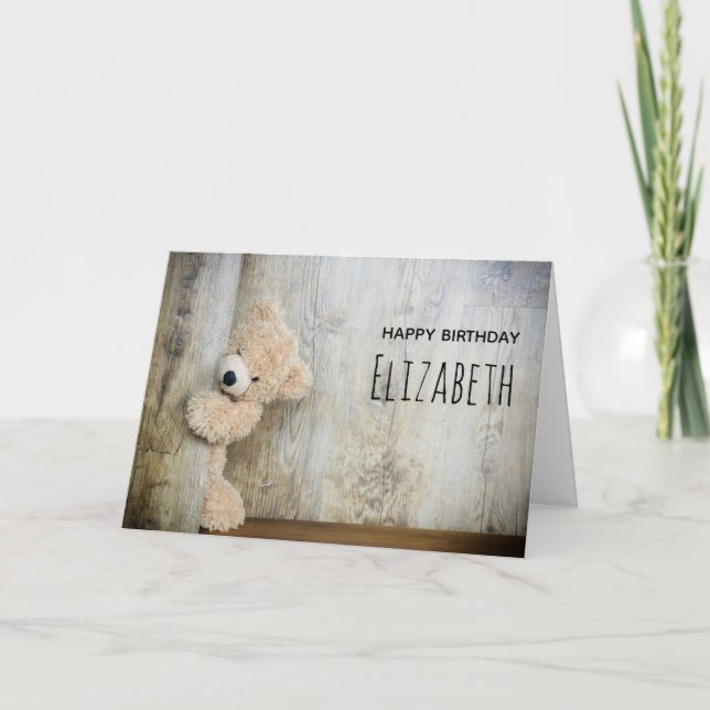 Cute Stuffed Bear Rustic Wooden Backdrop Birthday Card (Front)