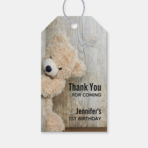 Cute Stuffed Bear Rustic Wooden Backdrop Birthday Gift Tags