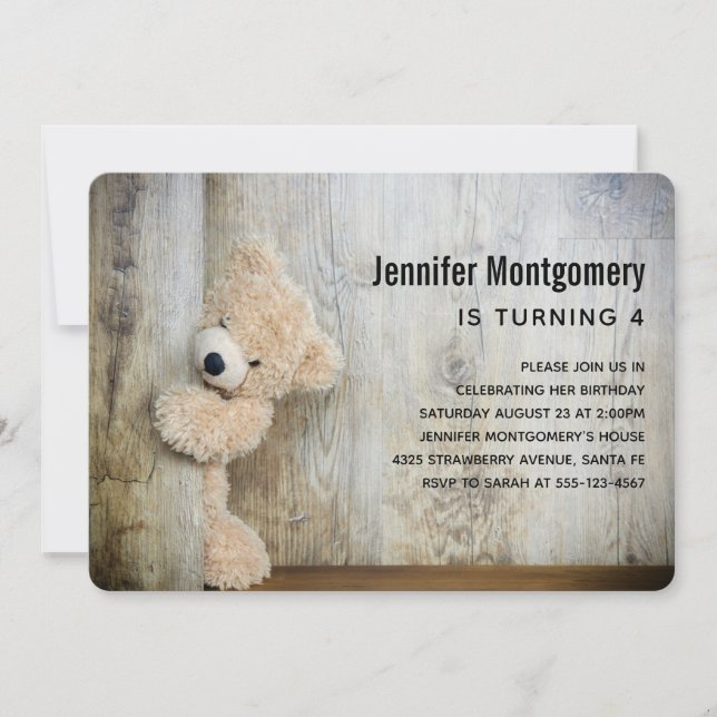Cute Stuffed Bear Rustic Wooden Backdrop Birthday Invitation (Front)
