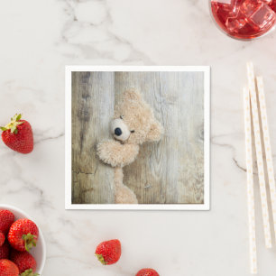 Cute Stuffed Bear Rustic Wooden Backdrop Napkin
