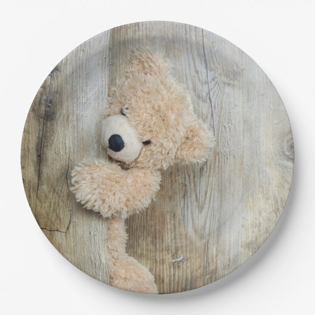 Cute Stuffed Bear Rustic Wooden Backdrop Paper Plate (Front)
