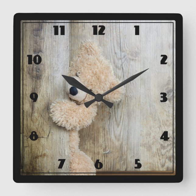 Cute Stuffed Bear Rustic Wooden Backdrop Square Wall Clock (Front)