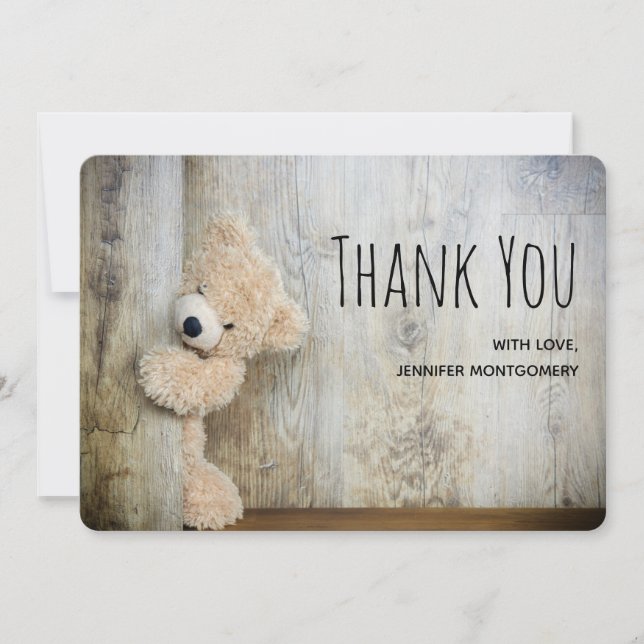 Cute Stuffed Bear Rustic Wooden Backdrop Thank You Card (Front)