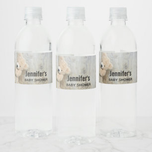 Cute Stuffed Bear Rustic Wooden Wall Baby Shower Water Bottle Label