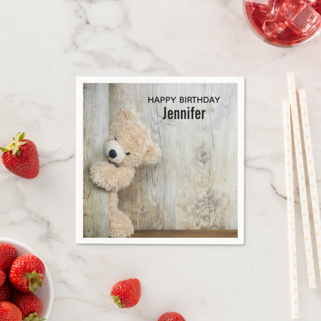 Cute Stuffed Bear Rustic Wooden Wall Birthday Napkin (Insitu)