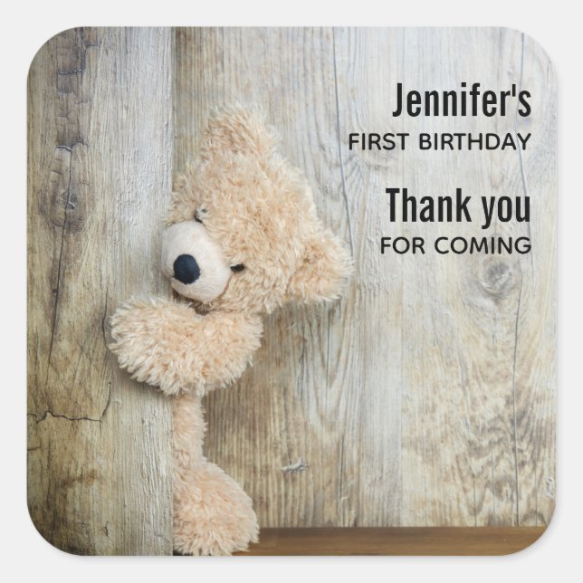 Cute Stuffed Bear Rustic Wooden Wall Birthday Square Sticker (Front)
