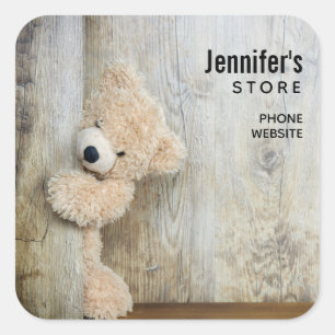 Cute Stuffed Bear Rustic Wooden Wall Business Square Sticker