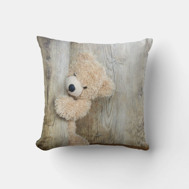 Cute Stuffed Bear Rustic Wooden Wall Cushion (Front)