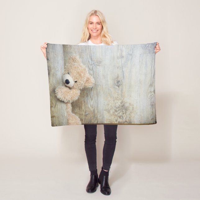 Cute Stuffed Bear Rustic Wooden Wall Fleece Blanket (In Situ)