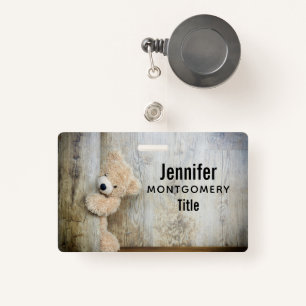 Cute Stuffed Bear Rustic Wooden Wall ID Badge