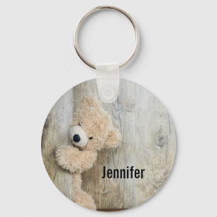 Cute Stuffed Bear Rustic Wooden Wall Key Ring