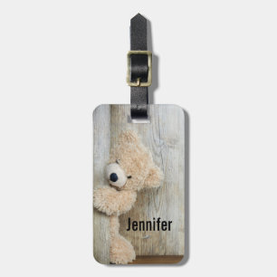 Cute Stuffed Bear Rustic Wooden Wall Luggage Tag